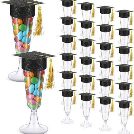 24 Set Graduation Cap Champagne Plastic Flutes with Graduation Cap Champagne Topper 2026 Grad Party Decoration.