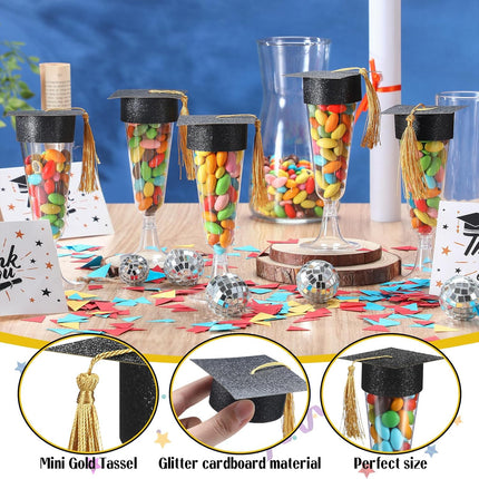 24 Set Graduation Cap Champagne Plastic Flutes with Graduation Cap Champagne Topper 2026 Grad Party Decoration.