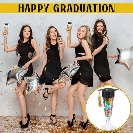 24 Set Graduation Cap Champagne Plastic Flutes with Graduation Cap Champagne Topper 2026 Grad Party Decoration.