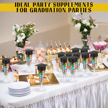 24 Set Graduation Cap Champagne Plastic Flutes with Graduation Cap Champagne Topper 2026 Grad Party Decoration.