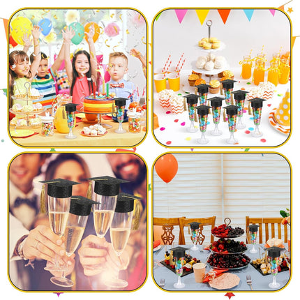 24 Set Graduation Cap Champagne Plastic Flutes with Graduation Cap Champagne Topper 2026 Grad Party Decoration.