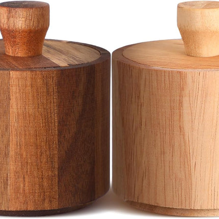 2 Pcs Wooden Pepper Salt Box Cellar with Lid Set Rustic Pepper Holder Condiment Pots Small Salt Keeper for Kitchen Spice Sugar Trinket Gift, 3.35 x 2.95 Inch.
