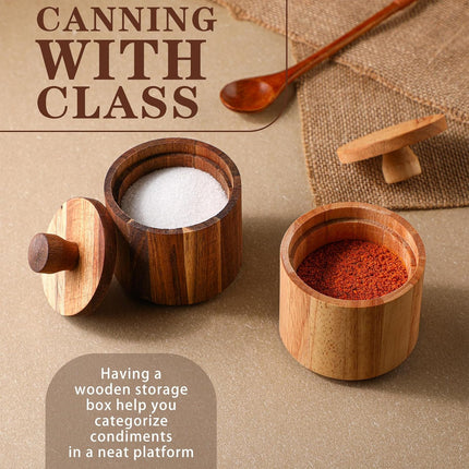 2 Pcs Wooden Pepper Salt Box Cellar with Lid Set Rustic Pepper Holder Condiment Pots Small Salt Keeper for Kitchen Spice Sugar Trinket Gift, 3.35 x 2.95 Inch.
