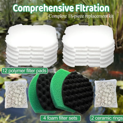 18 PCS Pond Filter Kits for Pennington Inpond 5 in 1 600 Gallon Model Water Pump, Includes 4 Foam Filter, 12 Polymer Woolfilter Mats, 2 Ceramic Media Rings Compatible with Aquagarden 600.