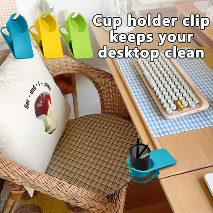 Biaungdo 3 Pack Drinking Cup Holder Clip with Side Hole, Desk Drink Holder Desk Side Clamps Clip Cup Holder Chair Cup Holder for Water Drink Beverage Soda Coffee Mug Holder(Green, Blue, Yellow).