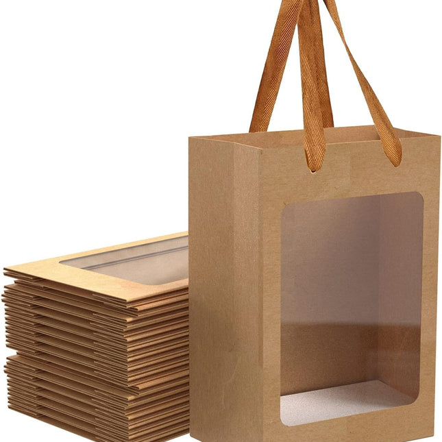 BallHull 12 Pcs Brown Paper Gift Bags with Transparent Window, 9.84"x7.0"x5.12" Kraft Shopping Bags with Handles for Bouquet Christmas Birthdays Festivals Party Weddings Wrapping.