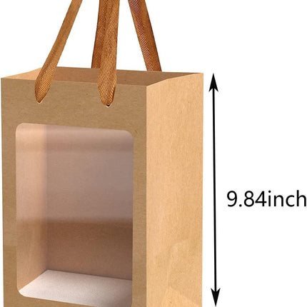 BallHull 12 Pcs Brown Paper Gift Bags with Transparent Window, 9.84"x7.0"x5.12" Kraft Shopping Bags with Handles for Bouquet Christmas Birthdays Festivals Party Weddings Wrapping.