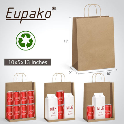 Eupako Kraft Shopping Bags 10x5x13 - 100 PCS Brown Paper With Handles, Gift Bulk, Party Favor, Merchandise, Retail.