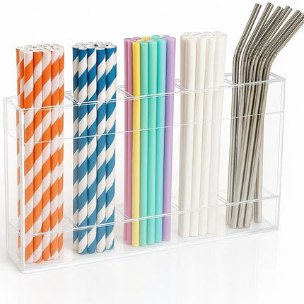 Fengzhe 9.5" Acrylic Straw Holder for Cabinet Door – Reusable Space-Saving Organizer with Strong Double-Sided Adhesive Tape, Straw Container for Kitchen Cupboard or Countertop (Transparent).