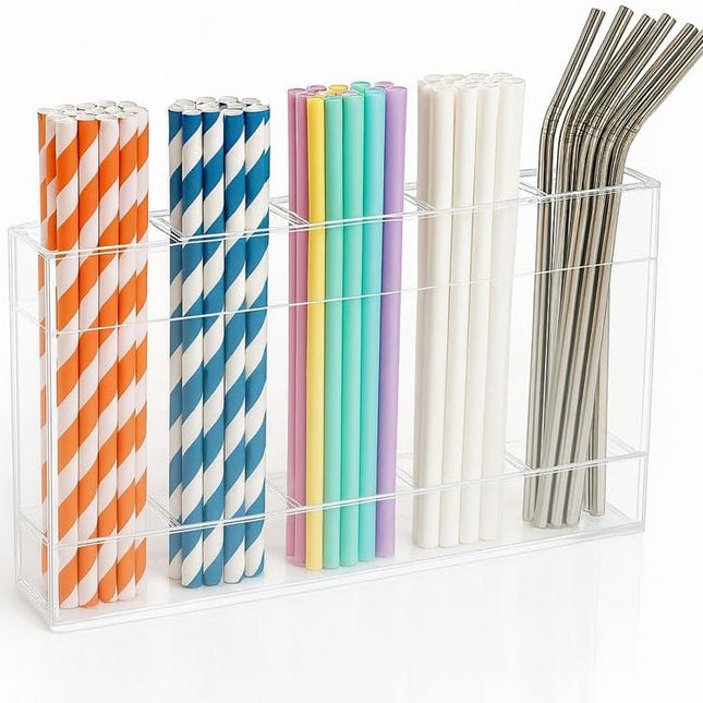 Fengzhe 9.5" Acrylic Straw Holder for Cabinet Door – Reusable Space-Saving Organizer with Strong Double-Sided Adhesive Tape, Straw Container for Kitchen Cupboard or Countertop (Transparent).