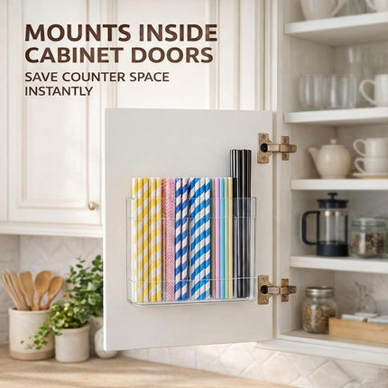 Fengzhe 9.5" Acrylic Straw Holder for Cabinet Door – Reusable Space-Saving Organizer with Strong Double-Sided Adhesive Tape, Straw Container for Kitchen Cupboard or Countertop (Transparent).