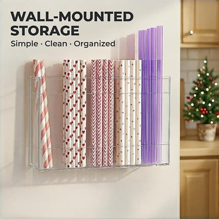 Fengzhe 9.5" Acrylic Straw Holder for Cabinet Door – Reusable Space-Saving Organizer with Strong Double-Sided Adhesive Tape, Straw Container for Kitchen Cupboard or Countertop (Transparent).
