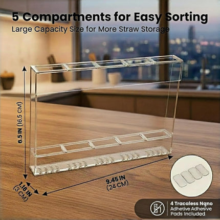 Fengzhe 9.5" Acrylic Straw Holder for Cabinet Door – Reusable Space-Saving Organizer with Strong Double-Sided Adhesive Tape, Straw Container for Kitchen Cupboard or Countertop (Transparent).