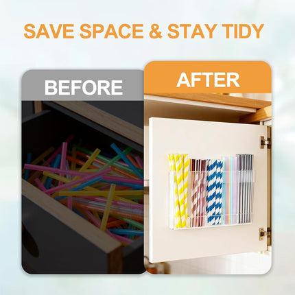 Fengzhe 9.5" Acrylic Straw Holder for Cabinet Door – Reusable Space-Saving Organizer with Strong Double-Sided Adhesive Tape, Straw Container for Kitchen Cupboard or Countertop (Transparent).