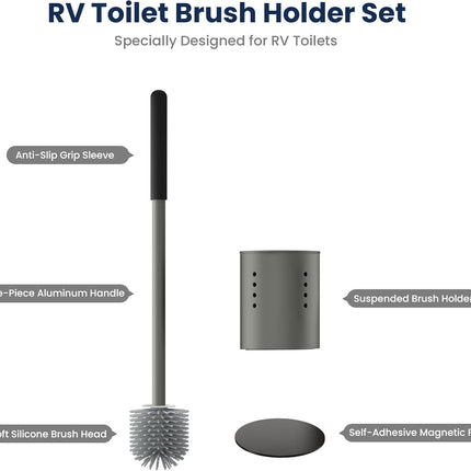 RV Toilet Brush and Holder Set- One-Piece Long Handle, Silicone Head, Magnetic Base- RV Bathroom Cleaning Kit, RV Essentials Accessories for Camper, Trailer, Motorhome.