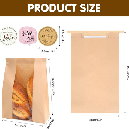Moretoes 120 Pack Large Paper Bread Bags for Homemade Bread, 13.7x8.3x3.5 Inches, Sourdough Bread Bags with Tin Tie Tab and Clear Front Window, Includes 144 Label Seal Stickers (Brown).