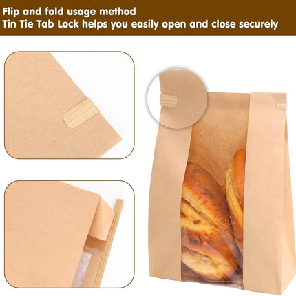 Moretoes 120 Pack Large Paper Bread Bags for Homemade Bread, 13.7x8.3x3.5 Inches, Sourdough Bread Bags with Tin Tie Tab and Clear Front Window, Includes 144 Label Seal Stickers (Brown).