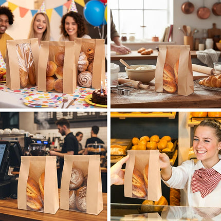 Moretoes 120 Pack Large Paper Bread Bags for Homemade Bread, 13.7x8.3x3.5 Inches, Sourdough Bread Bags with Tin Tie Tab and Clear Front Window, Includes 144 Label Seal Stickers (Brown).