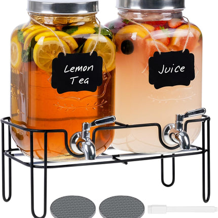 Moretoes Glass Drinks Dispenser for Parties, 2 PACK 1 Gallon Beverage Dispenser with Stand for Juice and Iced Tea, Water Jug Dispenser for Lemonade, Party Essential Beverage Pitcher with Spout.