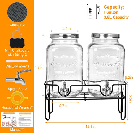 Moretoes Glass Drinks Dispenser for Parties, 2 PACK 1 Gallon Beverage Dispenser with Stand for Juice and Iced Tea, Water Jug Dispenser for Lemonade, Party Essential Beverage Pitcher with Spout.