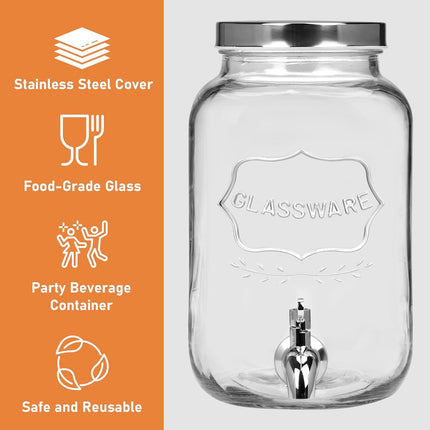 Moretoes Glass Drinks Dispenser for Parties, 2 PACK 1 Gallon Beverage Dispenser with Stand for Juice and Iced Tea, Water Jug Dispenser for Lemonade, Party Essential Beverage Pitcher with Spout.