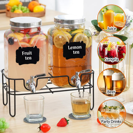 Moretoes Glass Drinks Dispenser for Parties, 2 PACK 1 Gallon Beverage Dispenser with Stand for Juice and Iced Tea, Water Jug Dispenser for Lemonade, Party Essential Beverage Pitcher with Spout.