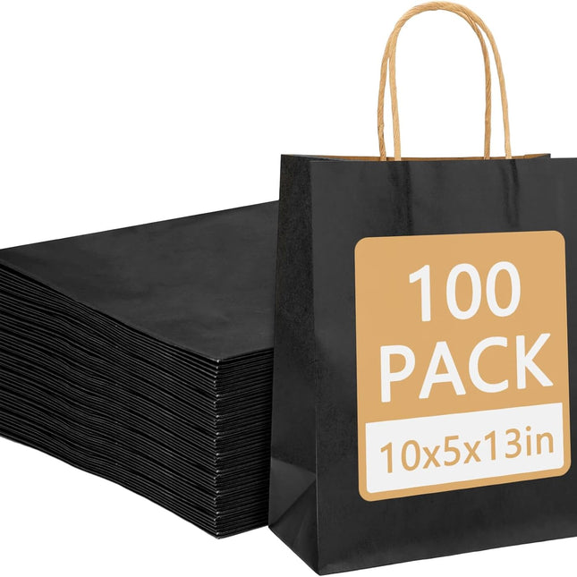 Moretoes 100pcs Paper Gift Bags 10x5x13 Inches Black Kraft Paper Bags with Handles Bulk for Shopping, Retail, Small Business, Birthday Wedding Party Favor, Merchandise.