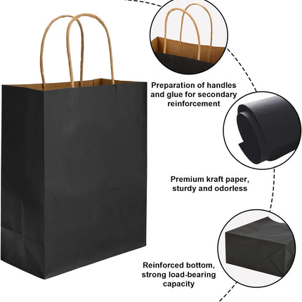 Moretoes 100pcs Paper Gift Bags 10x5x13 Inches Black Kraft Paper Bags with Handles Bulk for Shopping, Retail, Small Business, Birthday Wedding Party Favor, Merchandise.