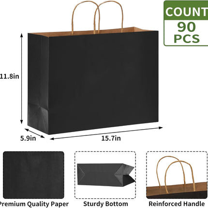 Moretoes 90pcs Black Gift Bags, 16x6x12 Inch Large Paper Bags with Handles Bulk for Boutiques, Grocery, Small Business, Mechandise, Party, Gifts & Merchandise.