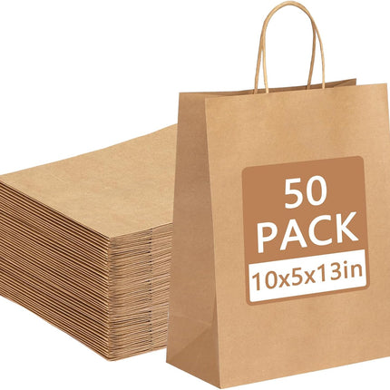 Moretoes 50pcs Brown Kraft Paper Bags - 10x5x13 Inches, Handles, Bulk - Retail & Shopping Bags for Birthday & Wedding Party Favors.