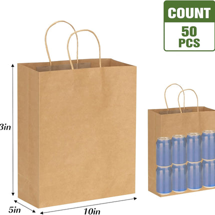 Moretoes 50pcs Brown Kraft Paper Bags - 10x5x13 Inches, Handles, Bulk - Retail & Shopping Bags for Birthday & Wedding Party Favors.