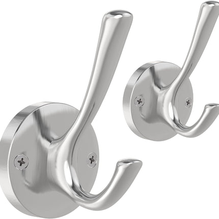 Brushed Nickel Wall Hooks Towel Hooks, 2 Pack Coat Robe Hook Heavy Duty Bathroom Double Hook Wall Mounted, Hand Towel Hooks for Closet Entryway Cubicle Kitchen.