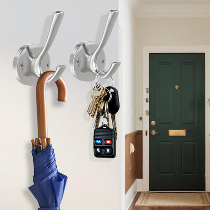 Brushed Nickel Wall Hooks Towel Hooks, 2 Pack Coat Robe Hook Heavy Duty Bathroom Double Hook Wall Mounted, Hand Towel Hooks for Closet Entryway Cubicle Kitchen.