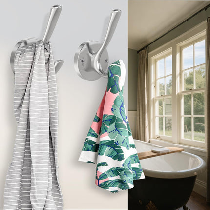 Brushed Nickel Wall Hooks Towel Hooks, 2 Pack Coat Robe Hook Heavy Duty Bathroom Double Hook Wall Mounted, Hand Towel Hooks for Closet Entryway Cubicle Kitchen.