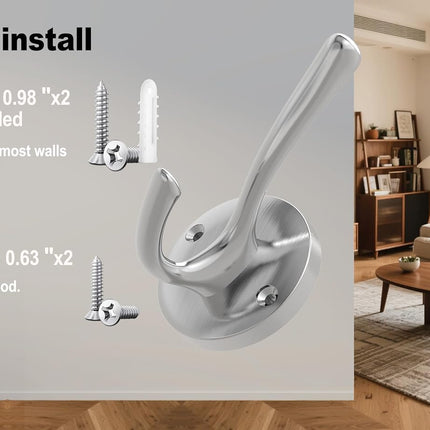 Brushed Nickel Wall Hooks Towel Hooks, 2 Pack Coat Robe Hook Heavy Duty Bathroom Double Hook Wall Mounted, Hand Towel Hooks for Closet Entryway Cubicle Kitchen.
