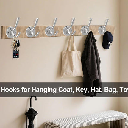 Brushed Nickel Wall Hooks Towel Hooks, 2 Pack Coat Robe Hook Heavy Duty Bathroom Double Hook Wall Mounted, Hand Towel Hooks for Closet Entryway Cubicle Kitchen.