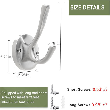 Brushed Nickel Wall Hooks Towel Hooks, 2 Pack Coat Robe Hook Heavy Duty Bathroom Double Hook Wall Mounted, Hand Towel Hooks for Closet Entryway Cubicle Kitchen.