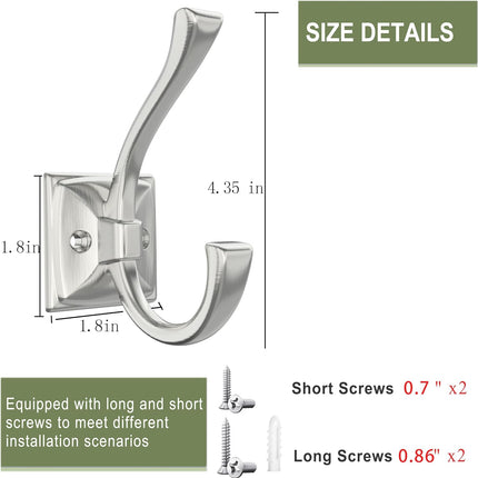 2 Pack Brushed Nickel Towel Robe Hooks, Coat Hooks for Wall Hanging Hat, Key, Bag, Mudroom Hook Entrance Bathroom Door Decorative Heavy Duty Hats Hanger.