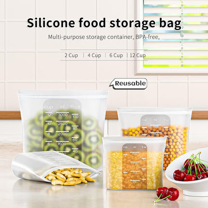 Bangp Premium Silicone Reusable Food Storage Bags,4 Pack,Stand-Up Bottom,Multi-Use Food Freezer Bag,Reclosable Silicone Bags for Marinate Meats,Salad Fruit,Home Organization,Leak-free,Dishwasher Safe.