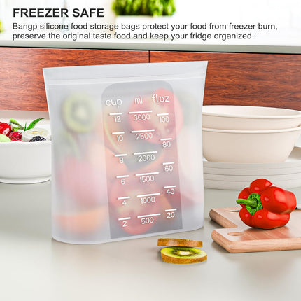Bangp Premium Silicone Reusable Food Storage Bags,4 Pack,Stand-Up Bottom,Multi-Use Food Freezer Bag,Reclosable Silicone Bags for Marinate Meats,Salad Fruit,Home Organization,Leak-free,Dishwasher Safe.