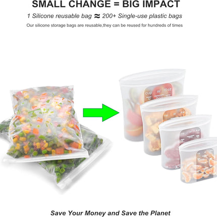 Bangp Premium Silicone Reusable Food Storage Bags,4 Pack,Stand-Up Bottom,Multi-Use Food Freezer Bag,Reclosable Silicone Bags for Marinate Meats,Salad Fruit,Home Organization,Leak-free,Dishwasher Safe.