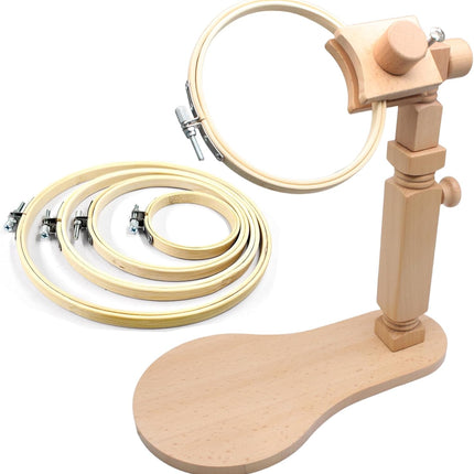 Biaungdo Adjustable Rotated Embroidery Hoop Stand with 5 Pack 5 Sizes Hoop, Wooden Embroidery Holder Frame for Cross Stitch, DIY Craft Sewing Projects.