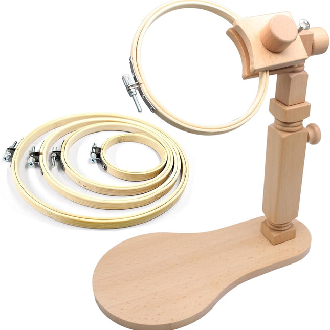 Biaungdo Adjustable Rotated Embroidery Hoop Stand with 5 Pack 5 Sizes Hoop, Wooden Embroidery Holder Frame for Cross Stitch, DIY Craft Sewing Projects.