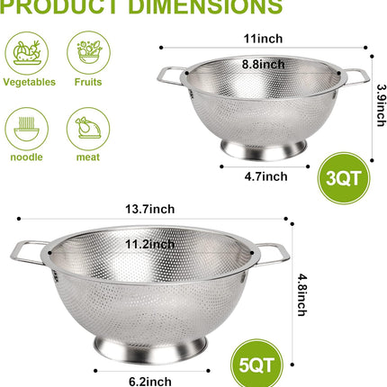 Colander Stainless Steel 3-Quart, Strainer for Kitchen Food, Dishwasher Safe.