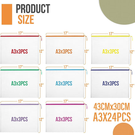 24pcs Mesh Zipper Pouch File Bags Puzzle Storage Bags, A3 17x12 Inches Large Reusable Zipper Pouches for Organizing Classroom Board Game Organization.