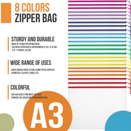 24pcs Mesh Zipper Pouch File Bags Puzzle Storage Bags, A3 17x12 Inches Large Reusable Zipper Pouches for Organizing Classroom Board Game Organization.