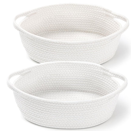 2 Pack Small Woven Basket with Gift Bags and Ribbons, Empty Decorative Gift Chest Box, Cute Baby Gift Basket for Nursery, Cotton Rope Room Shelf Storage Basket with Handles, All 12"x 8"x 5",White.