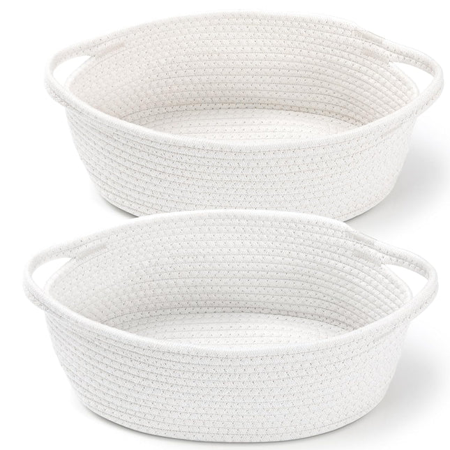 2 Pack Small Woven Basket with Gift Bags and Ribbons, Empty Decorative Gift Chest Box, Cute Baby Gift Basket for Nursery, Cotton Rope Room Shelf Storage Basket with Handles, All 12"x 8"x 5",White.