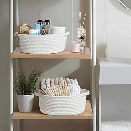2 Pack Small Woven Basket with Gift Bags and Ribbons, Empty Decorative Gift Chest Box, Cute Baby Gift Basket for Nursery, Cotton Rope Room Shelf Storage Basket with Handles, All 12"x 8"x 5",White.