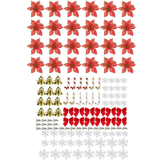 120Pcs Christmas Artificial Flower Bowknot Canes Bells-Red.